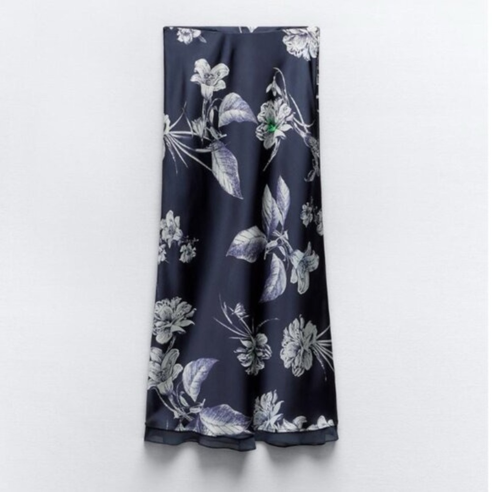ZARA Floral Navy Silk Blue Skirt